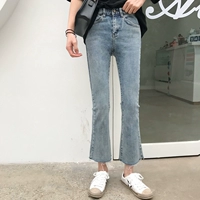 Mùa hè 2018 phiên bản Hàn Quốc mới của quần jeans lọt khe eo cao quần jeans nữ màu xanh hoang dã chín điểm quần jean nữ lưng cao