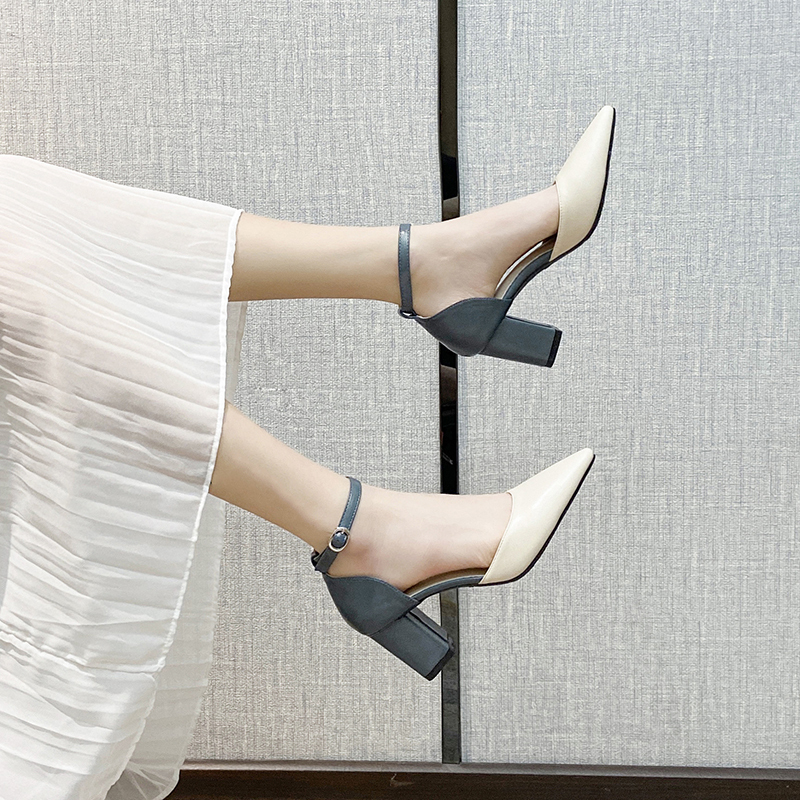 2026 Spring/Summer New High Heels with Ankle Strap, Pointed Toe, Chunky Heel, Versatile Fairy Style Sandals, Hollow Women's Shoes
