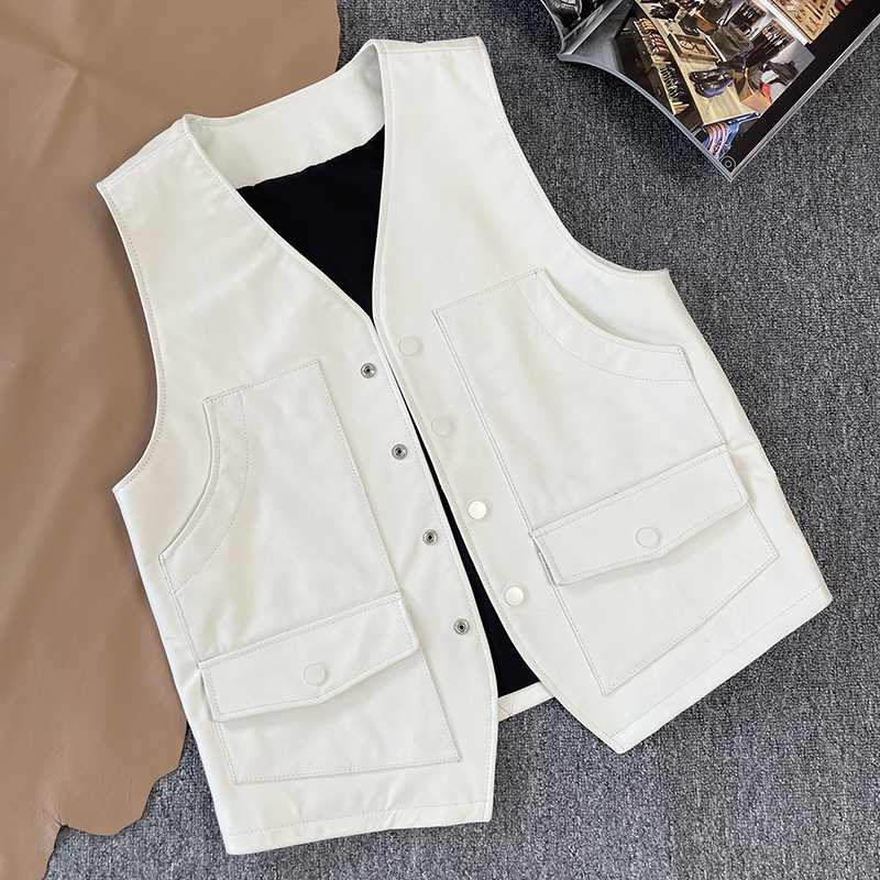 Soft First-Layer Calfskin Vest, White Casual Top, Korean Style Vest, Genuine Leather Waistcoat for Men, Multi-Pocket Leather Jacket