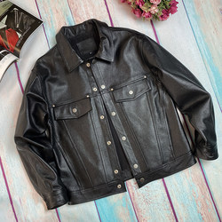 Excalled leather head layer cowhide leather coat men's autumn and winter new short jacket loose US version plus fat denim leather jacket tide