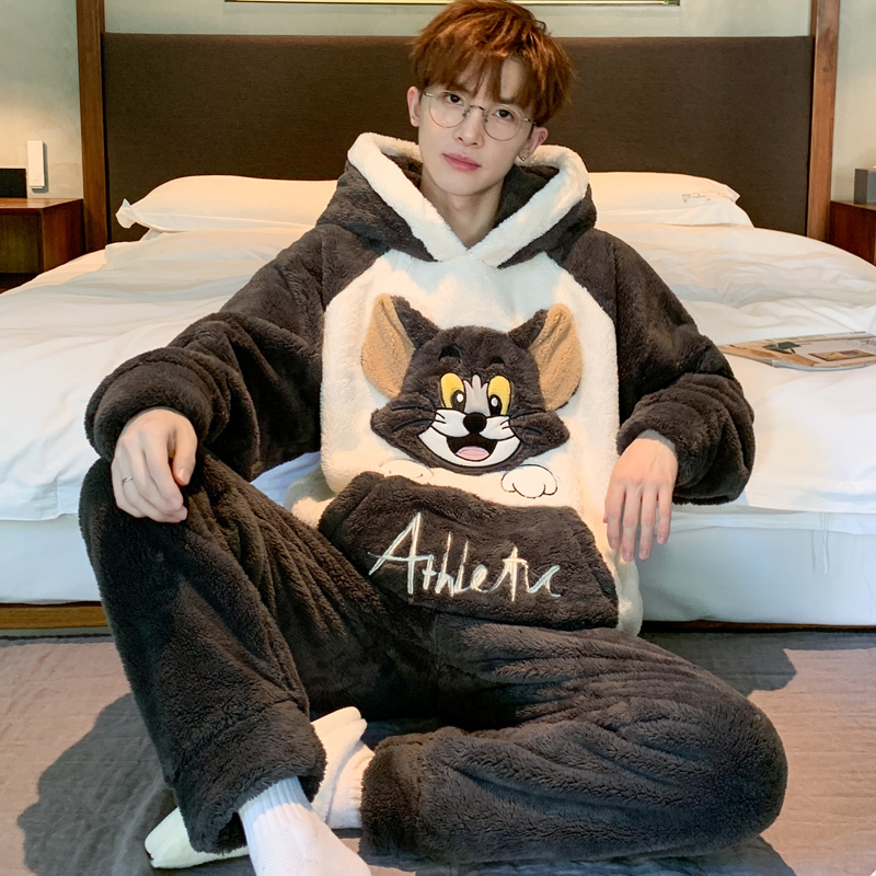 Men's Winter Coral Fleece Thickened Long-Sleeve Flannel Cartoon Warm Loungewear Set for Teenagers