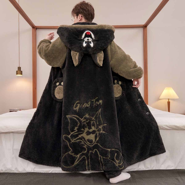 Winter Men's Pajamas, Flannel Robe, Fleece-Lined, Thickened Coral Fleece, Cartoon Large Size Loungewear Set for Teenagers