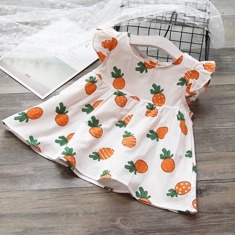 Girls summer 2021 New cute pineapple print dress cotton flying sleeve little girl baby doll skirt shirt