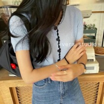 Clearance does not return the original 75 yuan Korean version of V-collar color wave edge short breasted knitted cardigan ins