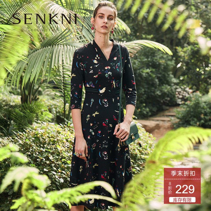Sanconi's new product mall with the same self-cultivation floral three-quarter sleeves comfortable and casual Korean style dress temperament long skirt women
