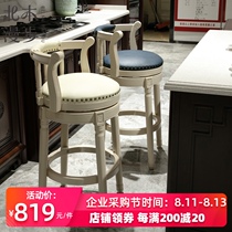 North wood European-style solid wood bar chair Retro leather rivet rotating bar chair Household American backrest high stool