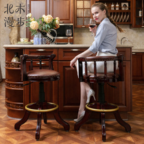 North wood solid wood bar chair European real leather chair Home bar chair Retro stool American net red high stool