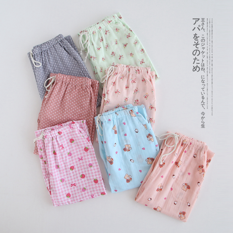 Mùa xuân, mùa hè và mùa thu mới đồ ngủ nữ quần đan Nhật Bản quần cotton nhà cotton đôi gạc quần lỏng baggy nam
