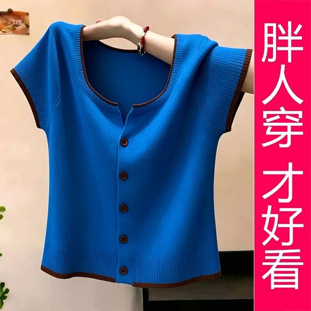 【Plus Size】Korean Style Vintage Color-Block Knit T-Shirt Summer New Button-Up Versatile Top for Women 【Plus Size】Korean Style Vintage Color-Block Knit T-Shirt Summer New Button-Up Versatile Top for Women