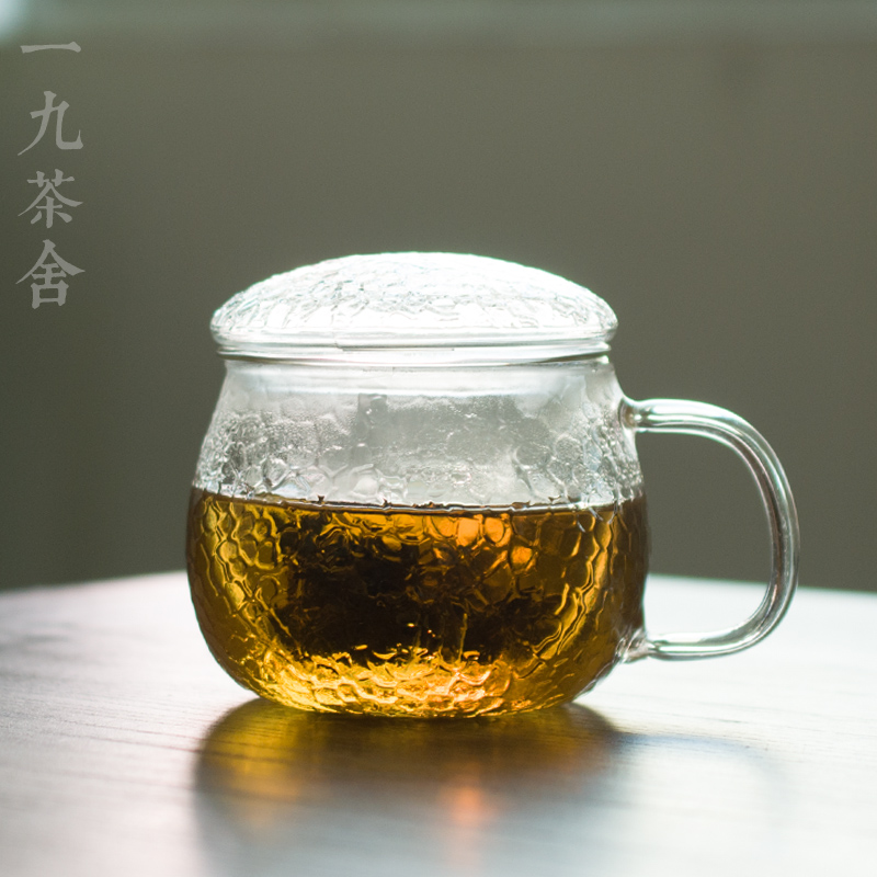 One-nine tea house hammer tattered three-piece tea cup heat resistant glass cup transparent tea cup with lid filter water glass