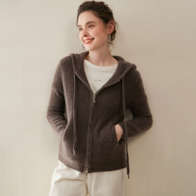 2025 New Winter Hooded Pure Cashmere Sweater for Women with Drawstring, Zipper, Pockets, Thickened Knit Jacket Hoodie