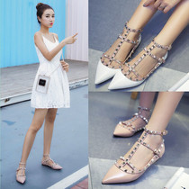2022 spring new rivet pointed flat bottom shoe woman single shoe strap shoes nude color shallow mouth heel womens shoes big code autumn