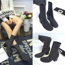 2020 Autumn Winter New Socks Boots Slim Stretch Boots Knit High Heel Mid Cylinder Wool Cord Small Short Boots Woman Coarse Heel Socks Boots