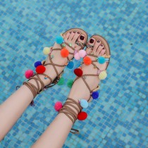2022 new hair balls strap Rome sandals women summer ethnic wind clip toe beach shoe bohemian clips foot flat bottom
