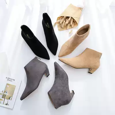 2021 new winter plus suede small heel short boots female pointed cat with naked boots in the spring and autumn single boots thick heel