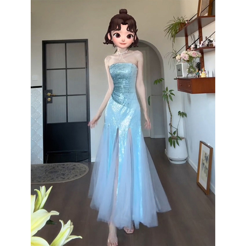 Blue Evening Dress, High-End Light Luxury, Niche Student Day, Coming-Of-Age Ceremony, Stunning Banquet Party Host Mermaid Dress Blue Evening Dress, High-End Light Luxury, Niche Student Day, Coming-Of-Age Ceremony, Stunning Banquet Party Host Mermaid Dress