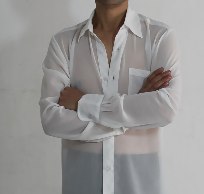 Men's Summer Chiffon Transparent Long-Sleeved Shirt, Smooth and Drapey, Cool and Slim-Fitting, Generally Loose, Plus Size