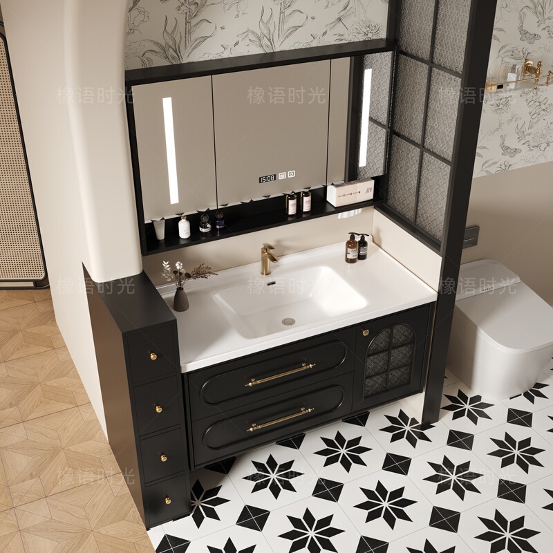 French-Style Black Vintage Bathroom Cabinet Set with Integrated Washbasin, Ceramic Basin, and Oak Lacquer Finish
