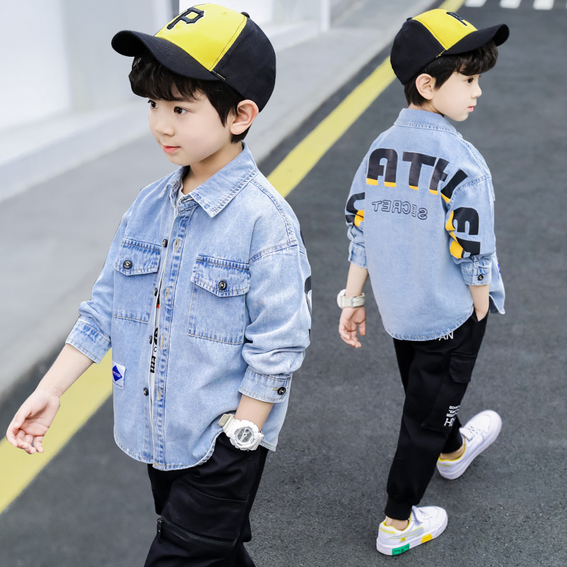 Boys denim shirt jacket spring and autumn 2021 new style foreign style boys Korean version handsome children's shirt spring and autumn