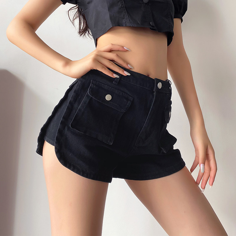 Tooling Denim Shorts Women Summer 2022 New European And European Ins High Waist Display Slim Elastic Wide Leg Pocket Hot Pants Tide