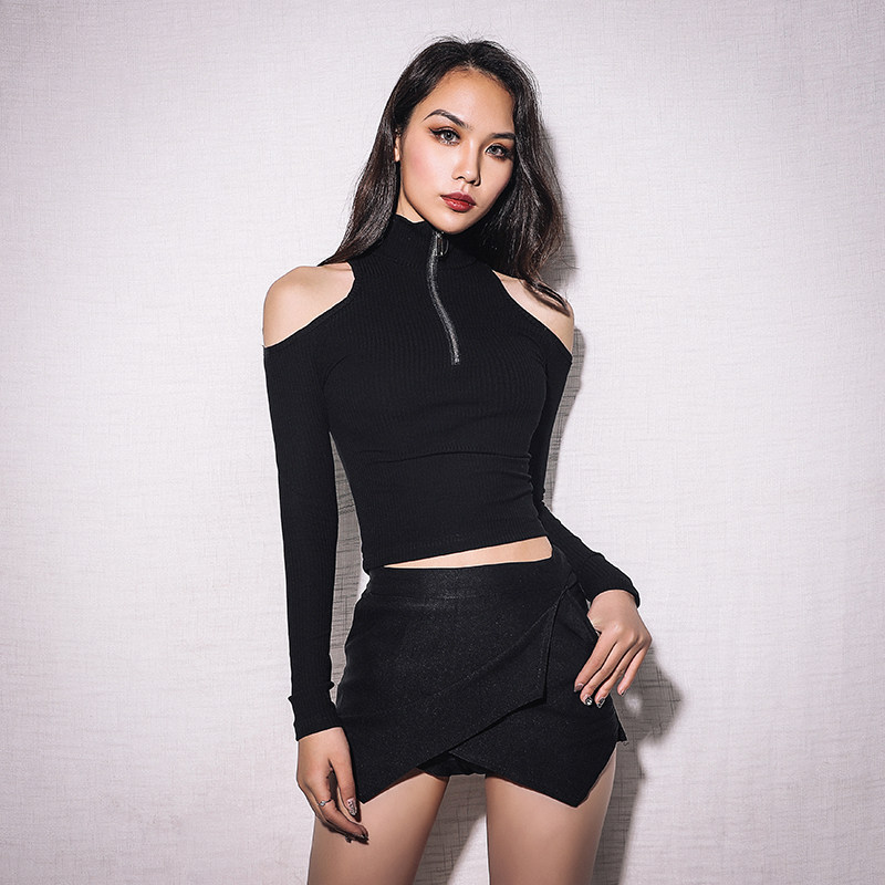 ins sexy tight high-waist zipper high-neck T-shirt long-sleeved slim fit and short section cropped navel off-shoulder bottoming top women