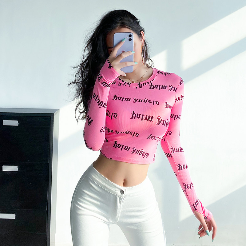 European and American Sexy Sexy Tight Fit Slim Short Truffle T-shirt Long Sleeves with Alphabet Printed Undershirt Thin-Inside Lap