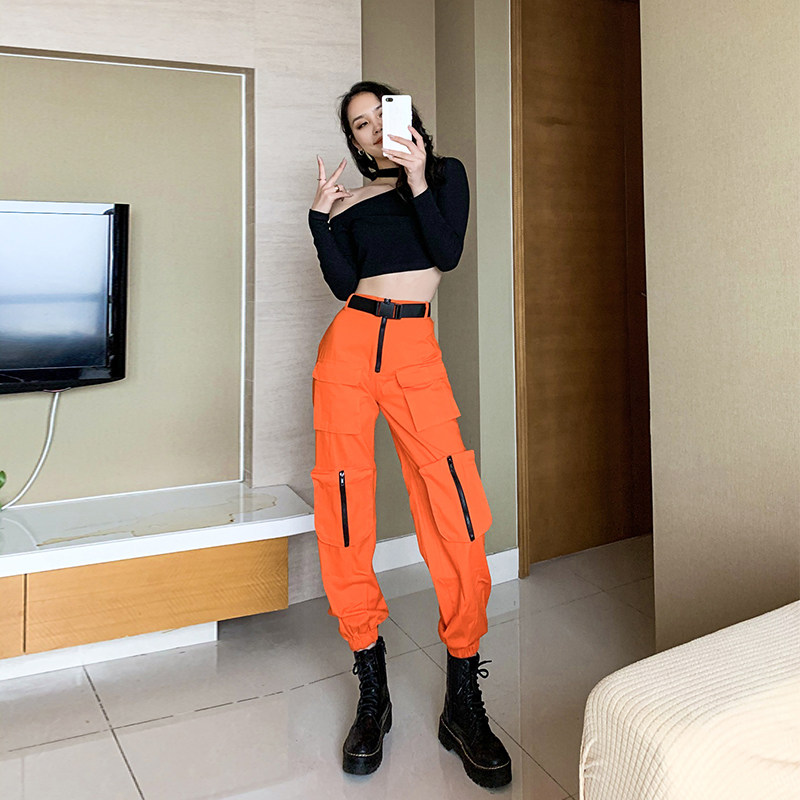 Summer handsome zipper loose-fitting casual workwear pants women small look thin high waist ins sweatpants tide card