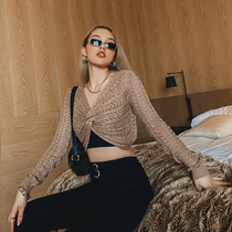  European and American hollow slim slim bottoming shirt womens summer 2021 new short umbilical thin sunscreen knitted blouse