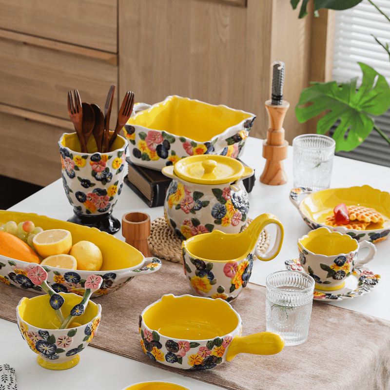Exported American-Style Embossed Bowl and Plate Set, Household Ceramic Tableware, Simple and High-End Bowl, Chopsticks, and Plate Combination, Fruit Plate and Bowl