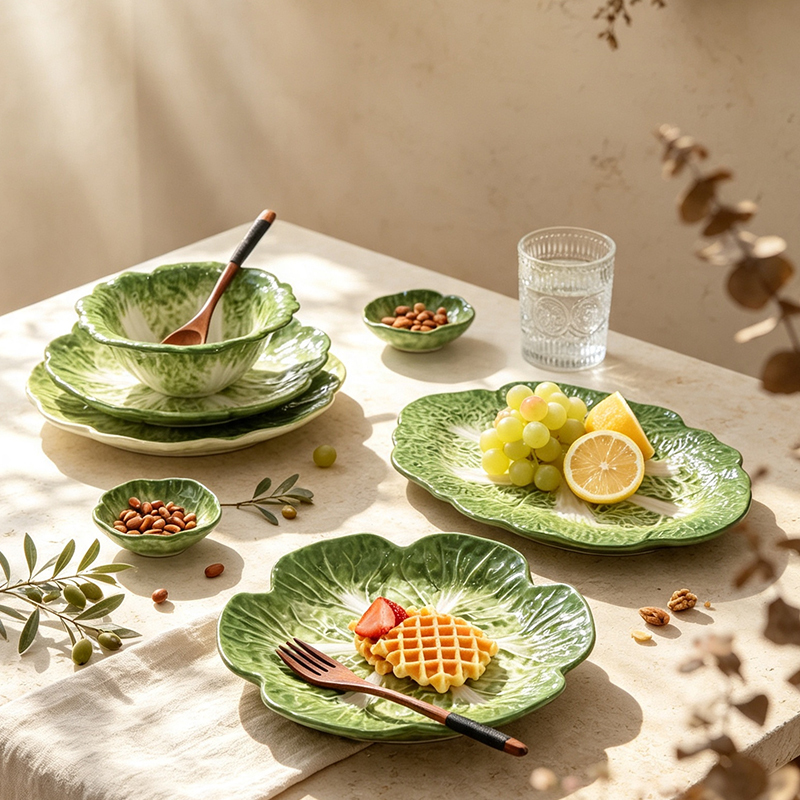 Foreign Trade Export to Italy, Ceramic Dish with Imitation Cabbage Shape, Underglaze Painting, Household Dish Plate, Dessert and Snack Plate