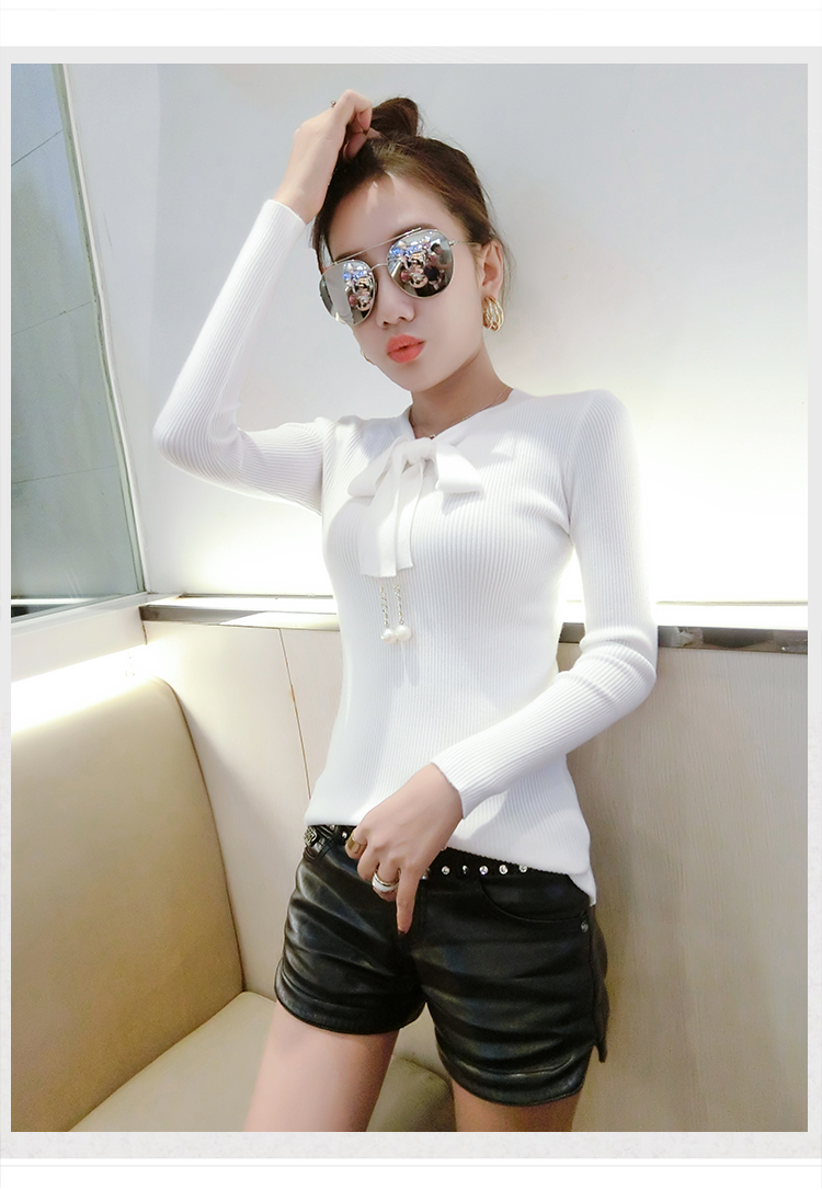 Áo len dệt kim mùa thu tay dài Slim mỏng co giãn đáy áo sơ mi thắt nơ nữ áo len Hàn Quốc áo len thun nữ