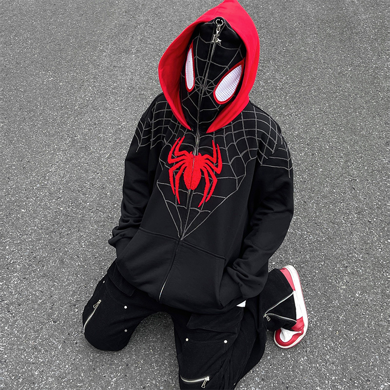 Kakazzy Double-Hooded Sweatshirt Spider-Man Miles Loose Fit Couple ins Unisex Trendy Brand Zip-Up Jacket Kakazzy Double-Hooded Sweatshirt Spider-Man Miles Loose Fit Couple ins Unisex Trendy Brand Zip-Up Jacket