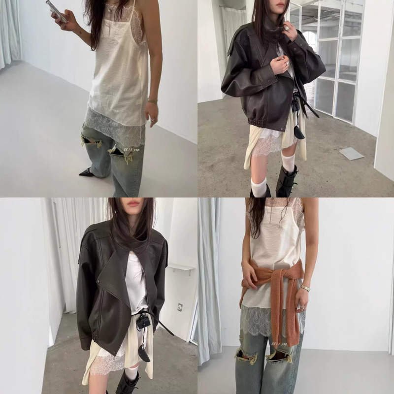Korean Dongdaemun Lace-Trimmed Slip Dress + No*Us Stand-Up Collar Leather Jacket Biker Cool and Stylish Jacket