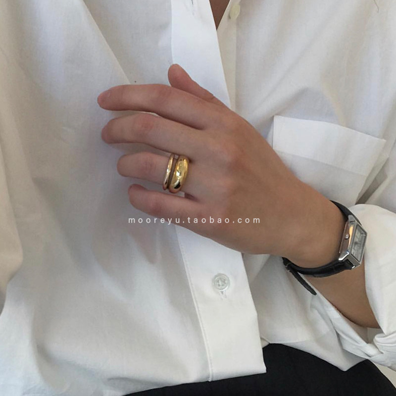 Japan and South Korea retro 925 sterling silver glossy personality open ring female ins niche all-match plain circle wide ring female chic