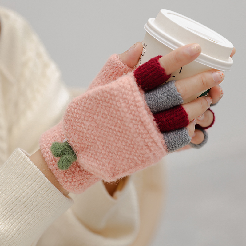 Gloves Winter female clammy finger Warm Hair Line half finger Write cute knitted cotton Outdoor bicycling Coloured Youth
