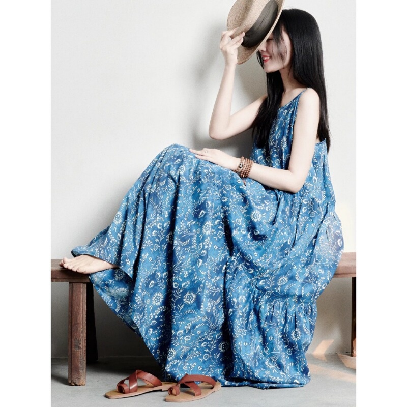 Vacation Style Seaside Travel Suspender Dress for Women, Summer Loose Casual Printed Long Sleeveless Large Hem Tank Dress