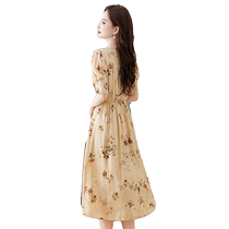 Hong Kong style printed comfortable V-neck dress for women 2024 new summer style chi elegant fairy style tea break dress trend