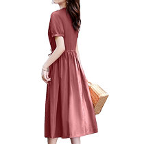High-end pure cotton dress for women summer 2024 new style waist slimming comfortable short-sleeved solid color thin cotton skirt