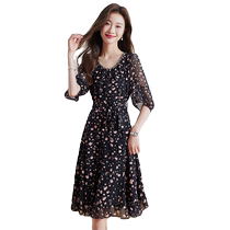 Floral dress 2024 new summer womens high-end French chiffon skirt small waist slimming skirt