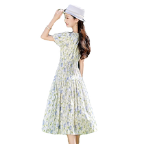 Temperament pure cotton short-sleeved floral dress mid-length summer 2024 new style small waist slimming skirt for women