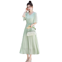 French design fashionable chiffon dress for women in summer new fashion style age-reducing lace-up waist high-end long skirt