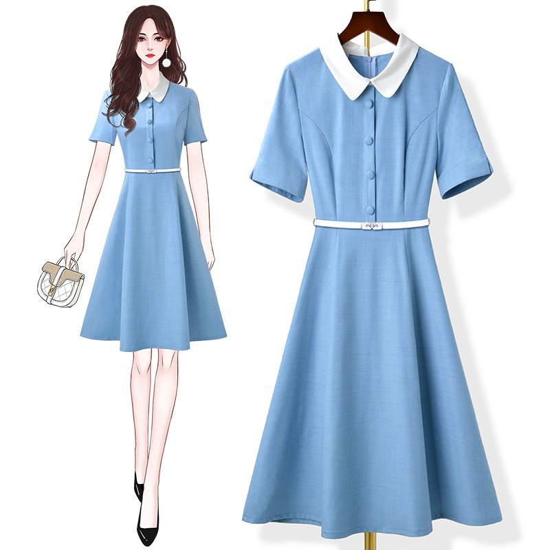 Summer Teacher Professional Dress New Style Kindergarten Teacher Clothing Doll Collar Blue Short-Sleeved Kindergarten Teacher Work Clothes