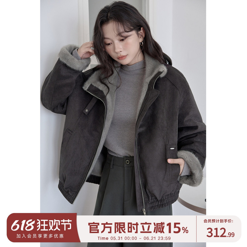 Huixi Art Series Fur-Integrated Suede Jacket for Women 2025 Winter New Vintage Style Fleece-Lined Thickened Warm Jacket
