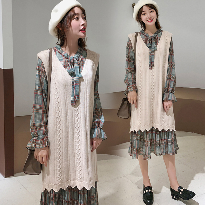 Pregnant women's spring suits, skirts, women's spring and autumn sweaters, vests, two-piece suits, mid-length baby bags, bottoming chiffon dresses