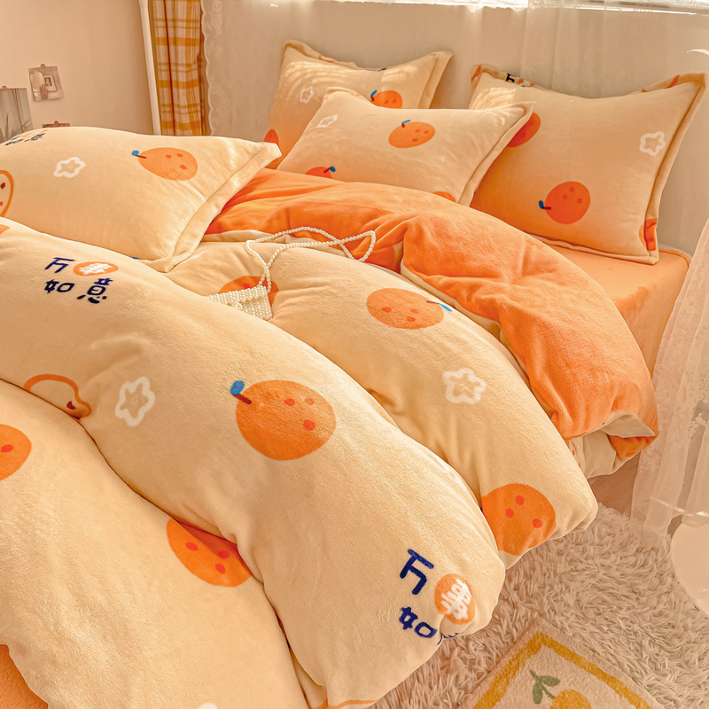 Fall and Winter Cread Four Pieces of Coral Velvet Bed Bed in Bed Cartoon Double-Face Flaver Flag