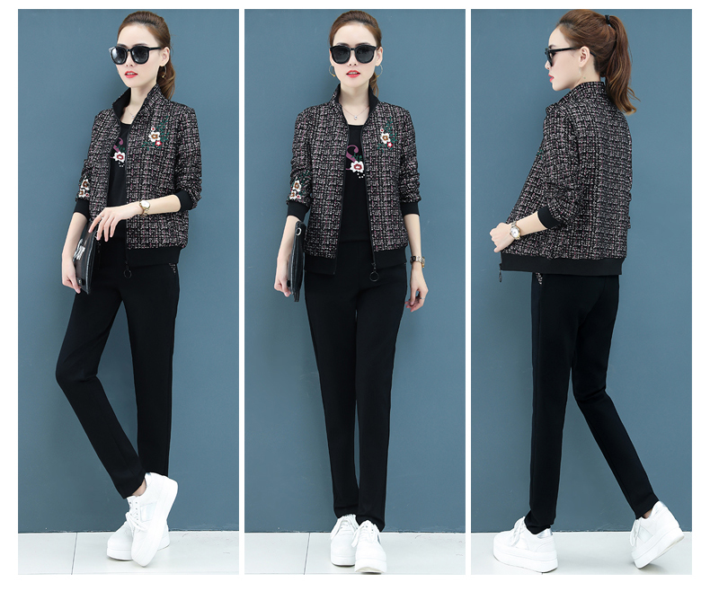 Trang phục thể thao mùa xuân và mùa thu của Bảo Duofen Bộ đồ bó sát cơ thể nữ Slim Áo len cổ lọ đứng ba mảnh Cổ áo kẻ sọc nhỏ Mặc giản dị - Thể thao sau bộ đồ adidas nữ