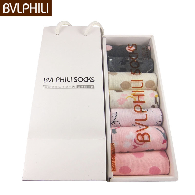 BVLPHILI女款袜子 秋冬季女士袜中筒防臭七天礼盒袜 糖果色女棉袜