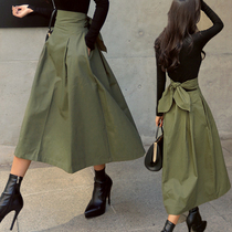 Army green half-body dress with high waist a character dress 2022 spring and summer new butterfly knot large swing skirt with waist and long skirt