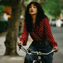 Wine Red Polo Dot Shirt Woman Design Sensation Small Crowd Light Cooked Style Superior Blouse Retro Port Taste Long Sleeve Shirt
