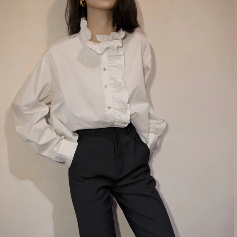 2023 spring inner wear French white shirt women's long-sleeved fungus lace stand-up collar bottoming top women's design sense niche